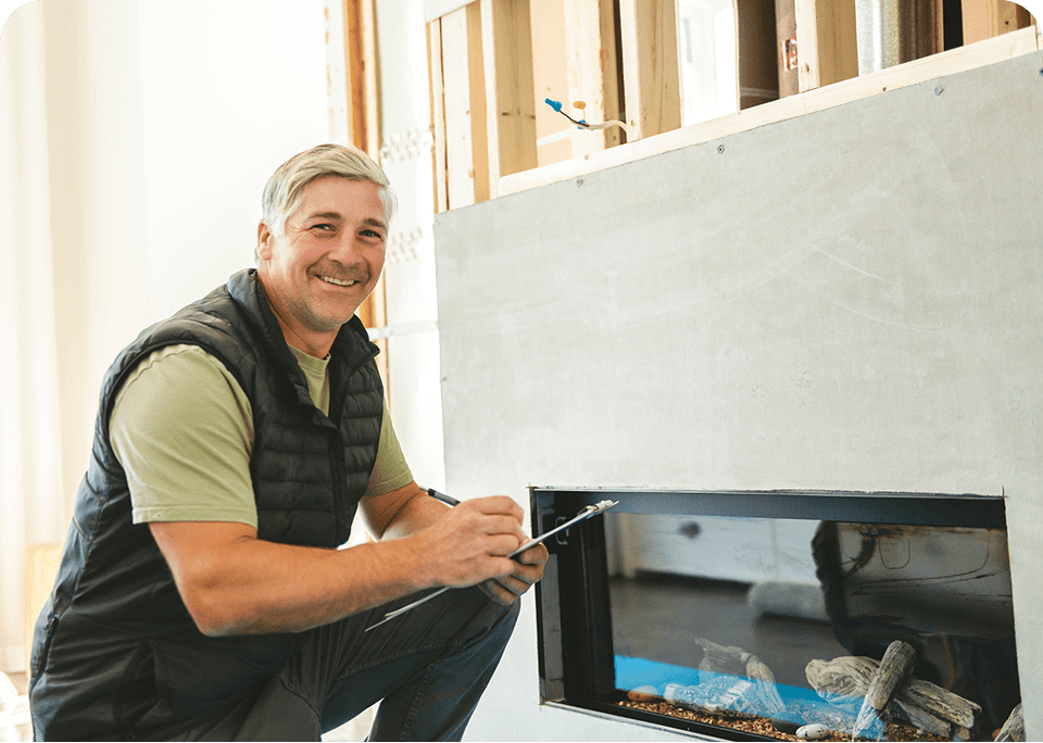 Man taking notes near unfinished fireplace.