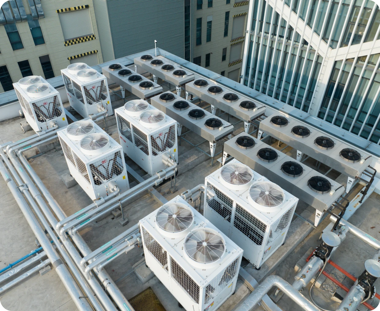 Rooftop air conditioning units and ventilation systems.
