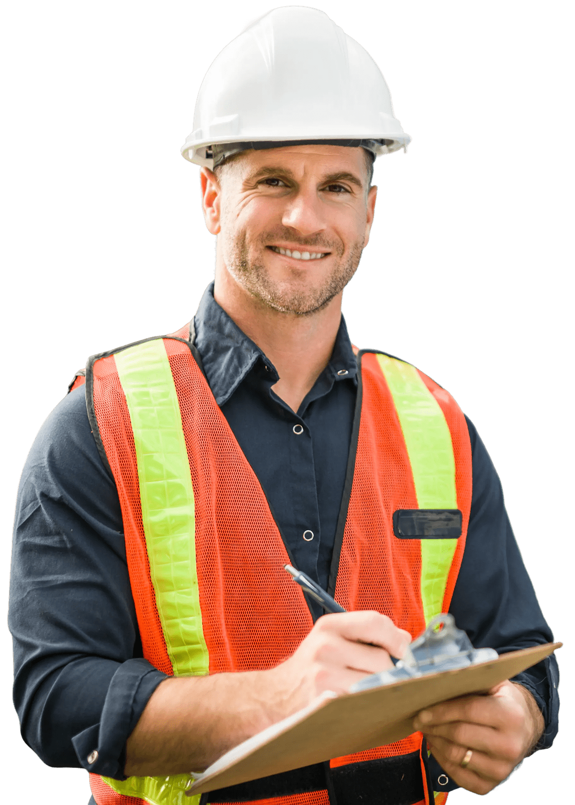 Construction worker with hard hat and clipboard.